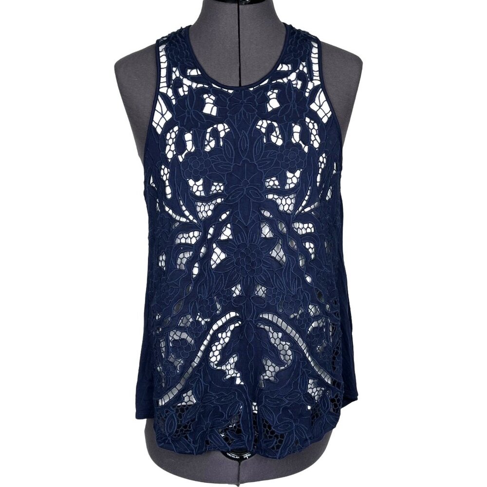 Akemi + Kin Anthropologie Crochet Overlay  Sleeveless Top Tank Scoop-Neck Navy S